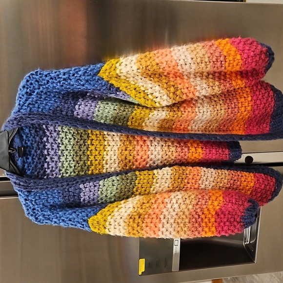 💕SAACHI💕 Mayflower Rainbow Stripe Cardigan ~ Hand Knit Multi-Color Medium - Picture 12 of 16
